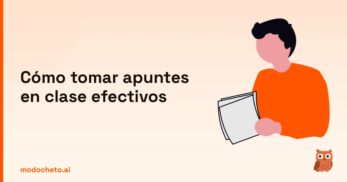 Ilustración de un estudiante repasando sus notas para aprender cómo tomar apuntes en clase con éxito