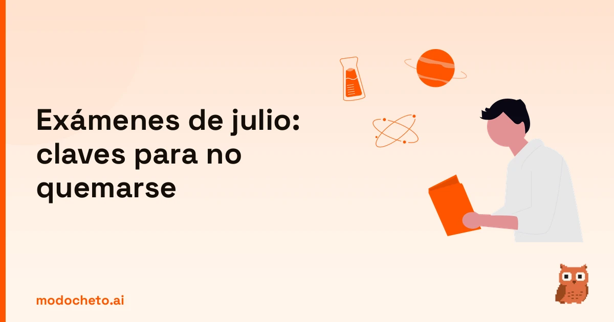 Ilustración de un estudiante analizando fórmulas científicas para la convocatoria de julio con calma.