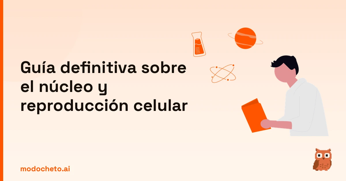 Ilustración de un estudiante analizando el núcleo y reproducción celular para la guía definitiva de estudio.