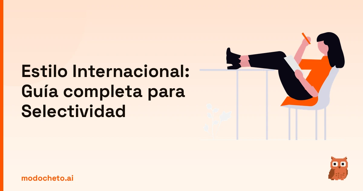 Ilustración de un estudiante preparando el examen de Estilo Internacional para Selectividad con apuntes
