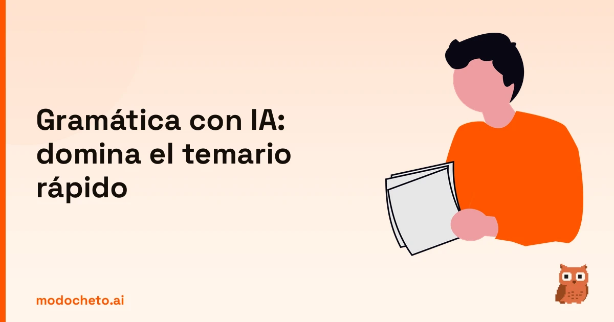 Ilustración de notas de estudio para dominar la gramática con IA y aprobar rápido el examen.