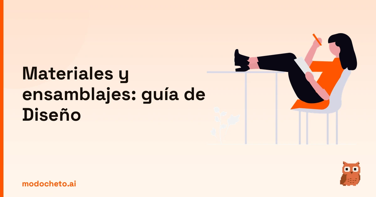 Ilustración de estudiante preparándose para dominar materiales y ensamblajes en diseño industrial.