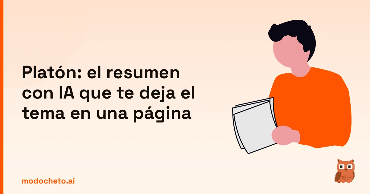 Ilustración de una persona leyendo apuntes clave sobre Platón para un resumen rápido con IA.