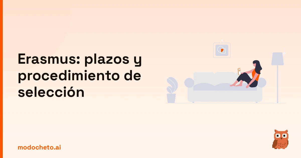 Ilustración de un estudiante relajado en casa planeando sus plazos Erasmus sin estrés.