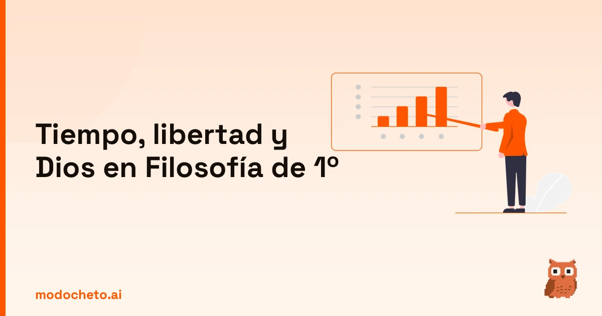 Ilustración estilo business plan para organizar el estudio de tiempo, libertad y Dios en Filosofía.