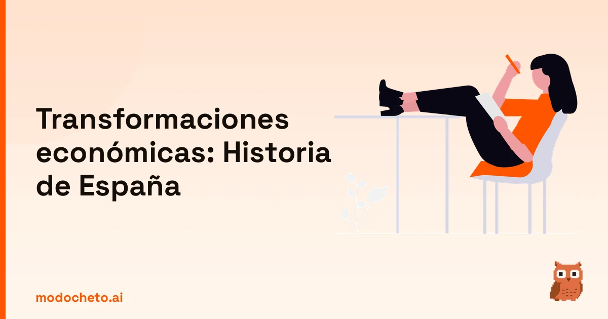 Ilustración de un estudiante preparando el examen de las transformaciones económicas en la historia de España.