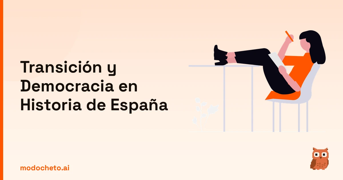 Ilustración de un estudiante preparando el examen sobre la transición y democracia española para Selectividad.