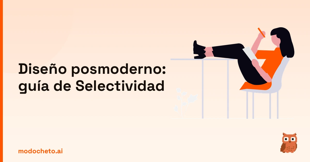Ilustración de un estudiante preparando el examen de diseño posmoderno con apuntes y esquemas visuales.