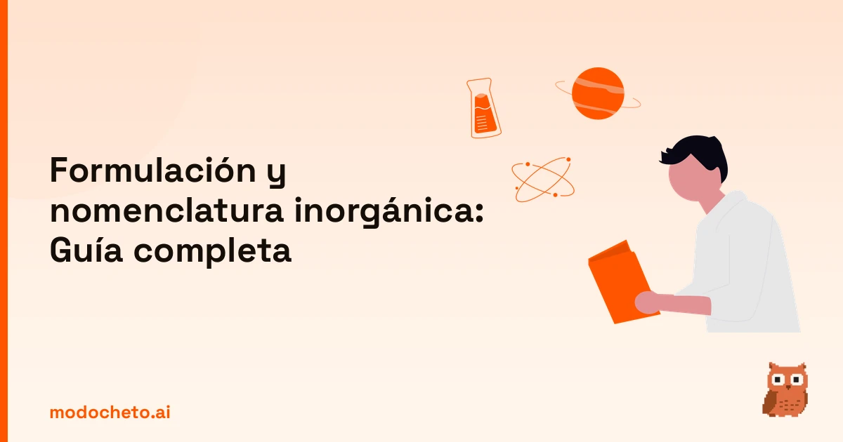 Ilustración de estudiante analizando elementos para la guía de formulación y nomenclatura inorgánica.