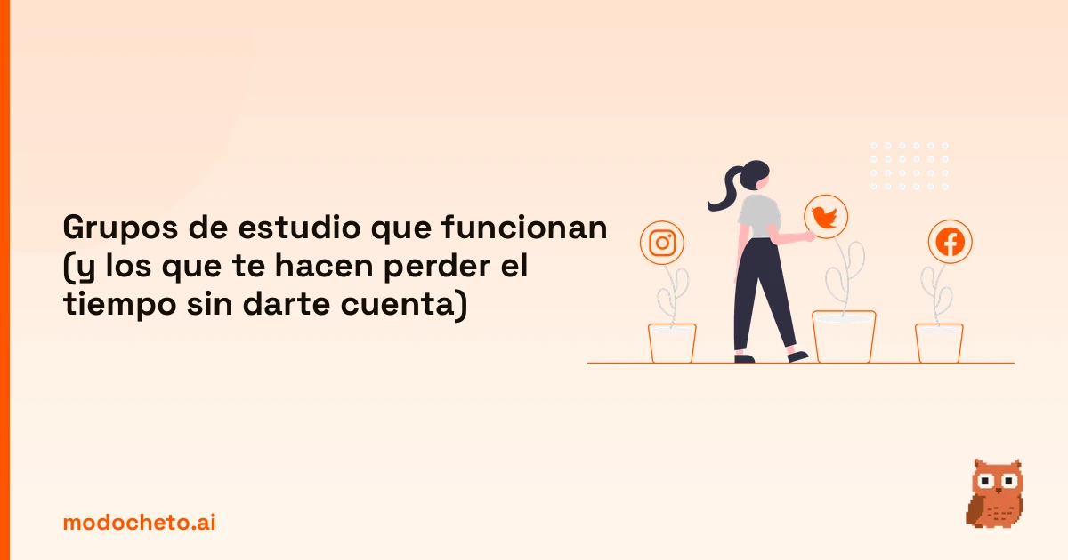 Ilustración de estrategia social para diferenciar grupos de estudio eficaces de los que restan tiempo.
