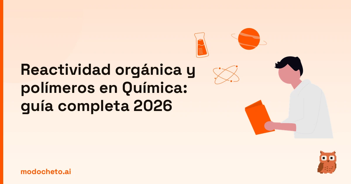 Ilustración de estudiante analizando conceptos de reactividad orgánica para la guía completa 2026.