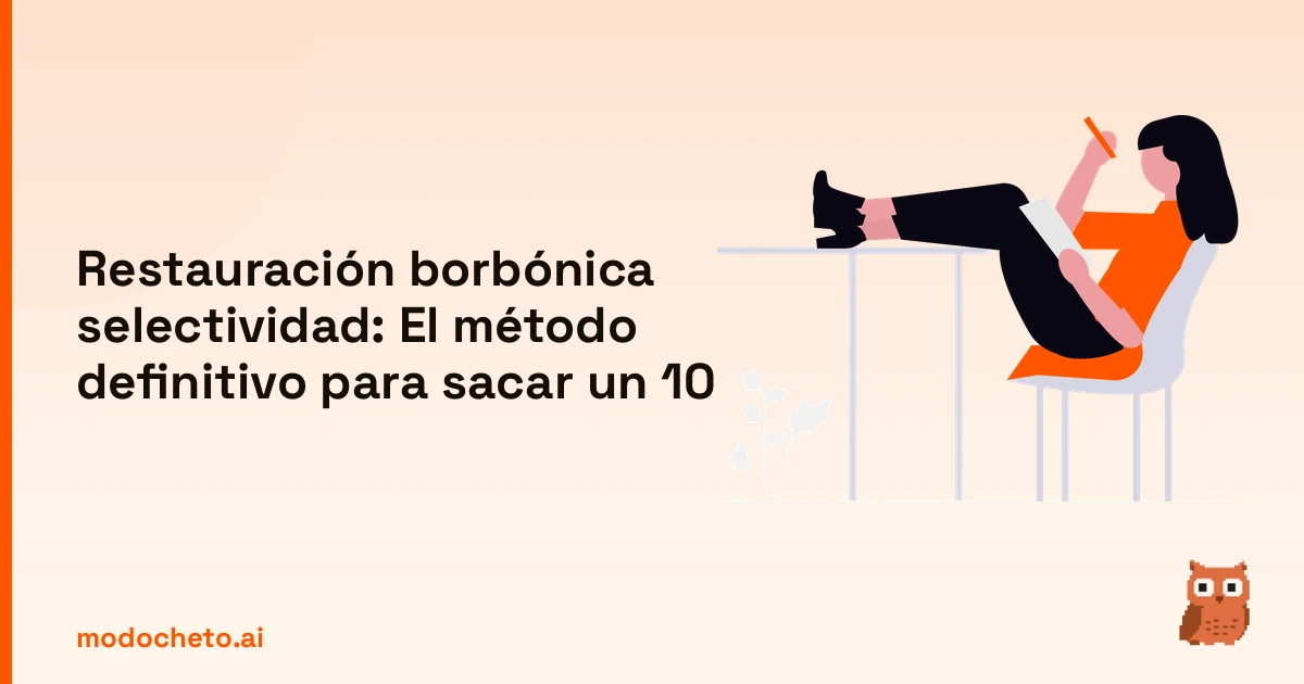 Ilustración de estudiante preparando el examen de restauración borbónica selectividad con éxito total.