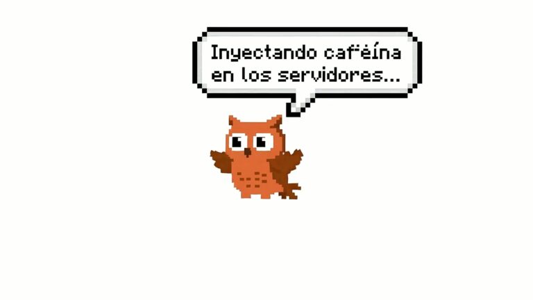 Búho pixel art inyectando cafeína en servidores