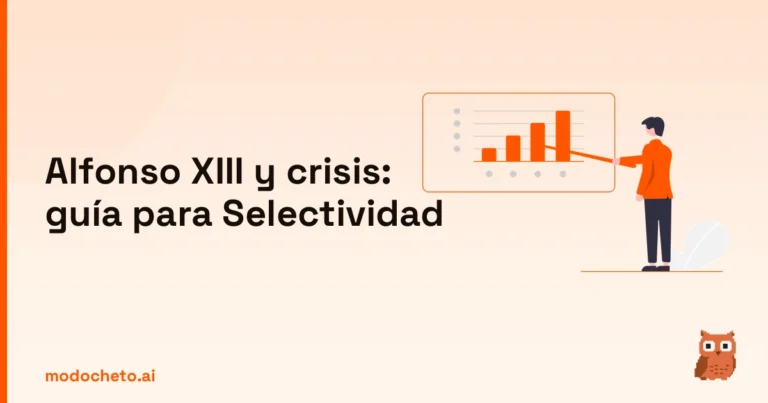 Ilustración de un business plan sobre la guía de Alfonso XIII y crisis para aprobar Selectividad.