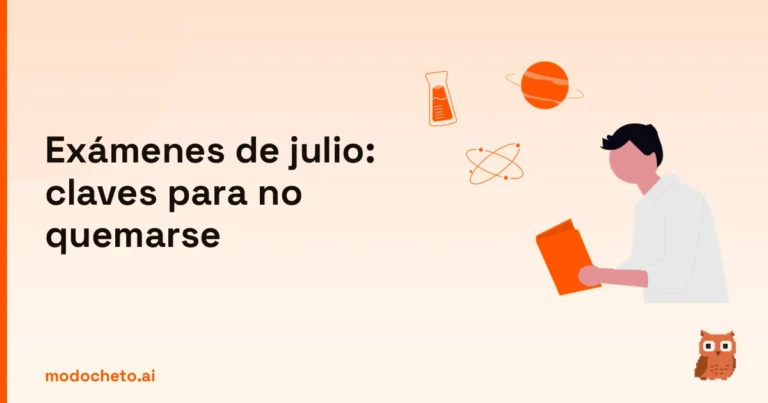 Ilustración de un estudiante analizando fórmulas científicas para la convocatoria de julio con calma.