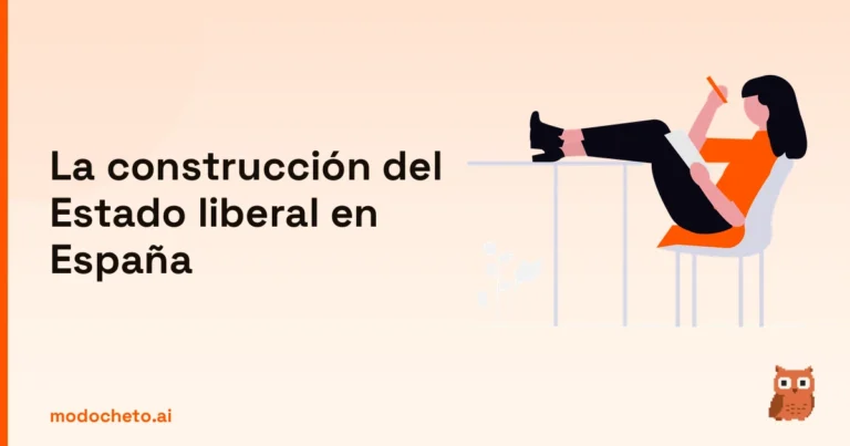 Ilustración de estudiante preparando el examen sobre la construcción del Estado liberal en España.