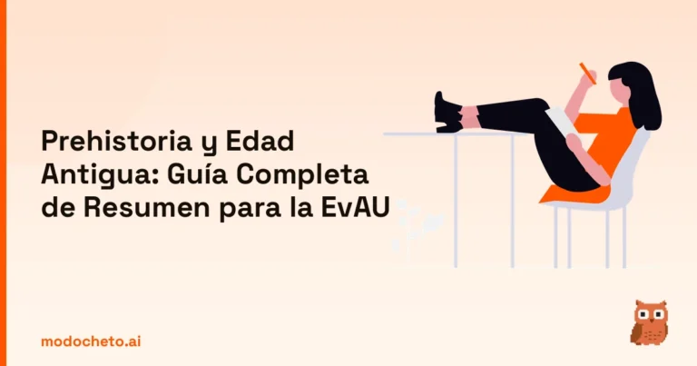 Ilustración de estudiante preparando el examen de selectividad con un resumen de prehistoria y edad antigua.