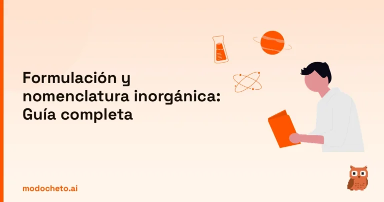 Ilustración de estudiante analizando elementos para la guía de formulación y nomenclatura inorgánica.