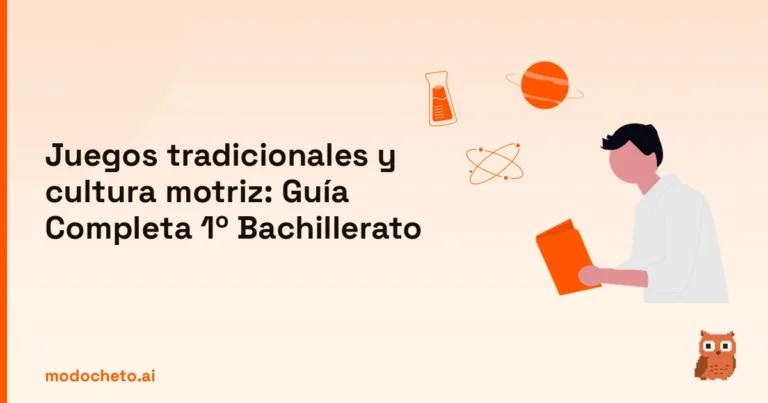 Ilustración de estudiante analizando conceptos de juegos tradicionales y cultura motriz para 1º Bachillerato.